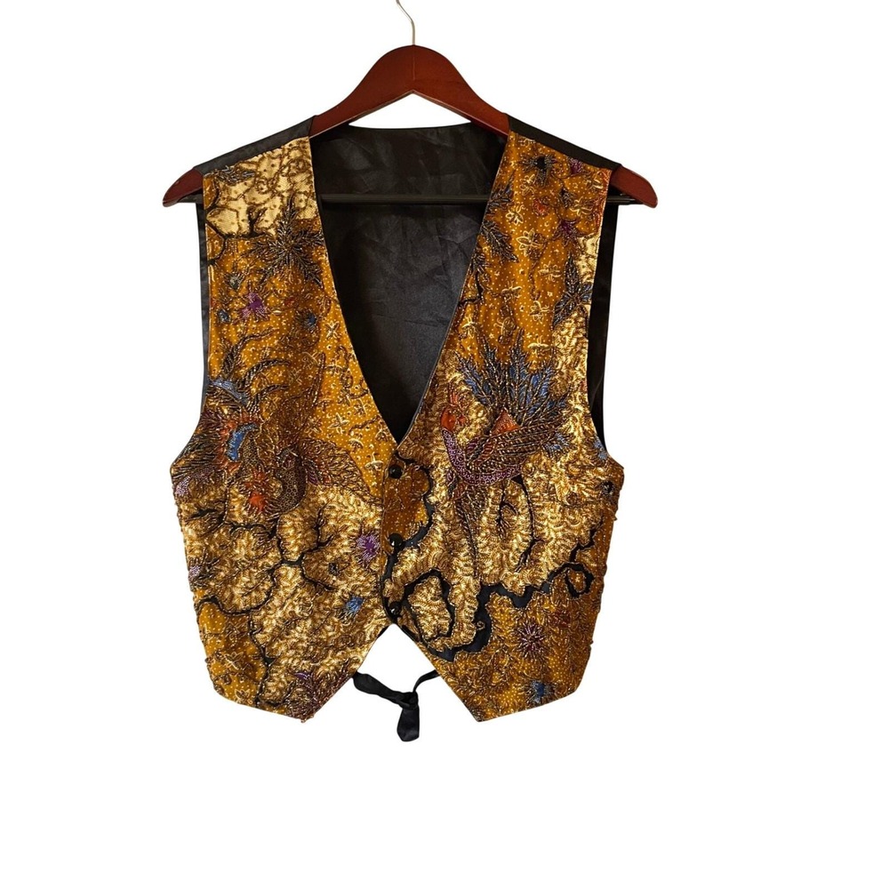 Vintage Beaded Batik Bird Vest Gold Black Womens M